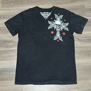 Raw State Royalty XL T Shirt Black Skull Cross Wings Stitch Cotton V Neck Grunge